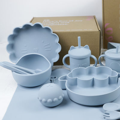 Moderne stijl siliconen eetgerei set, BPA-vrij baby siliconen plaat kom kop peuter lepel vork voedingssets