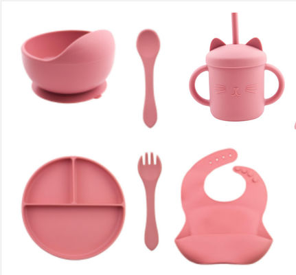 Custom Pantone Kleur siliconen dinerset 5pcs Silicone Zuig Afstoten Set Food Grade Materiaal OEM ODM