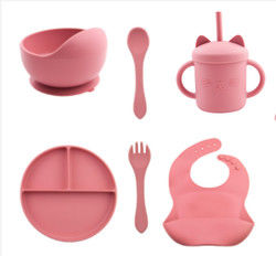 Aanpassen Baby Feeding Silicone tafelgerei Set Met siliconen sectie plaat Bib Lepel Bowl Lepel Bowl Plaat